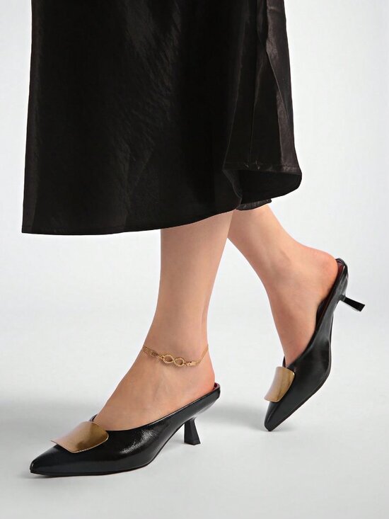 Black Fashionable Women's Pointed Toe Metal Buckle High Heel Pumps - Picture 4 of 8